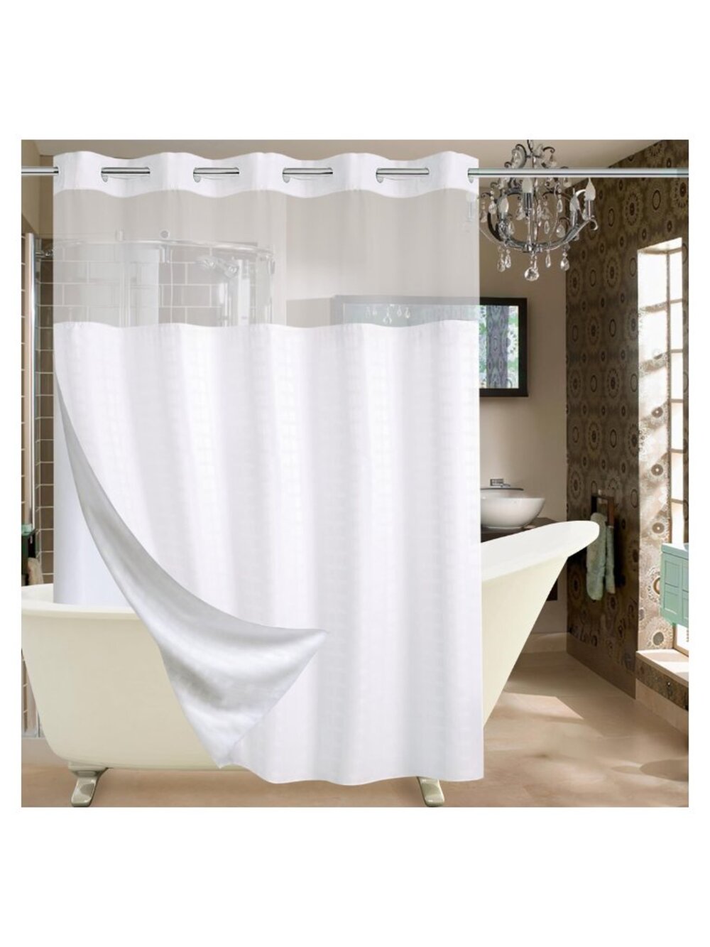 No Hook Shower Curtain Snap in Liner Set Hotel Luxury Waterproof Washable